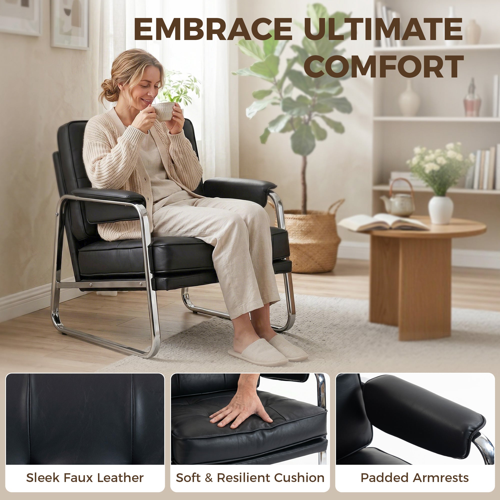 PU Leather Accent Chair — Wide Seat, Thick Foam, Metal Base, Button-Tufted — Black