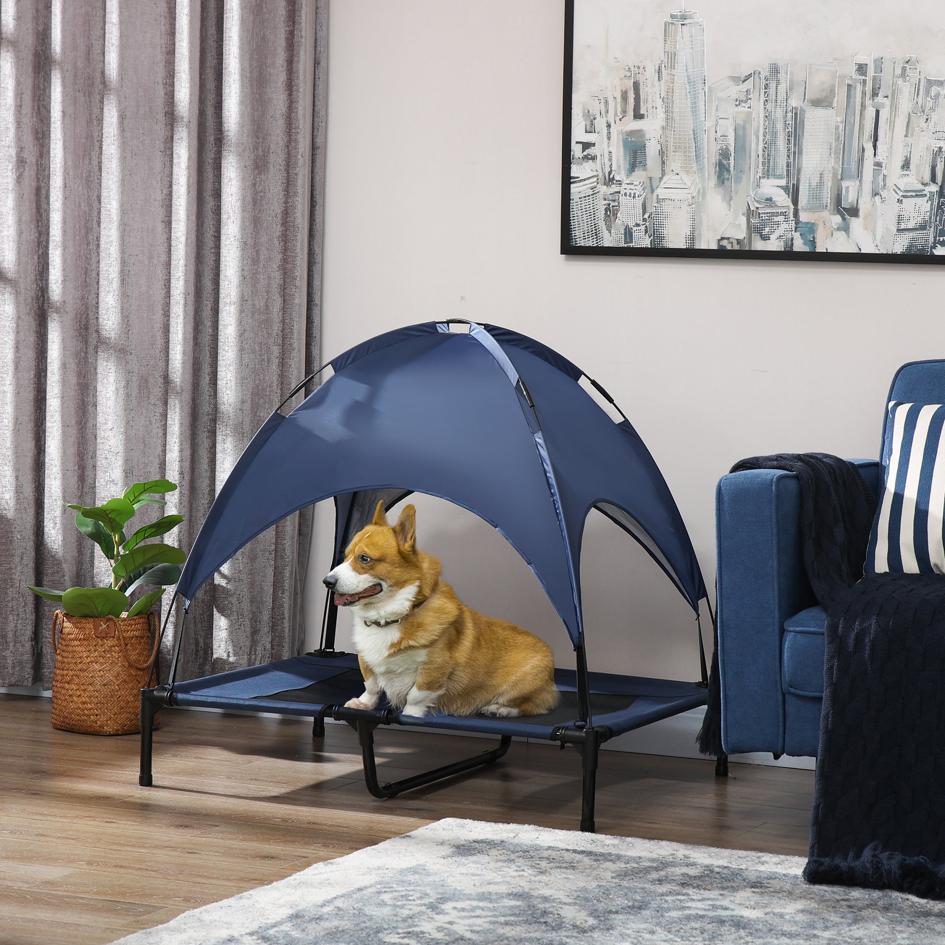 Elevated Dog Bed with Canopy, Pet Bed, Dog Lounge outdoor with Roof, Breathable, Taft Fabric for Camping Dark Blue 92 x 76 x 90 cm