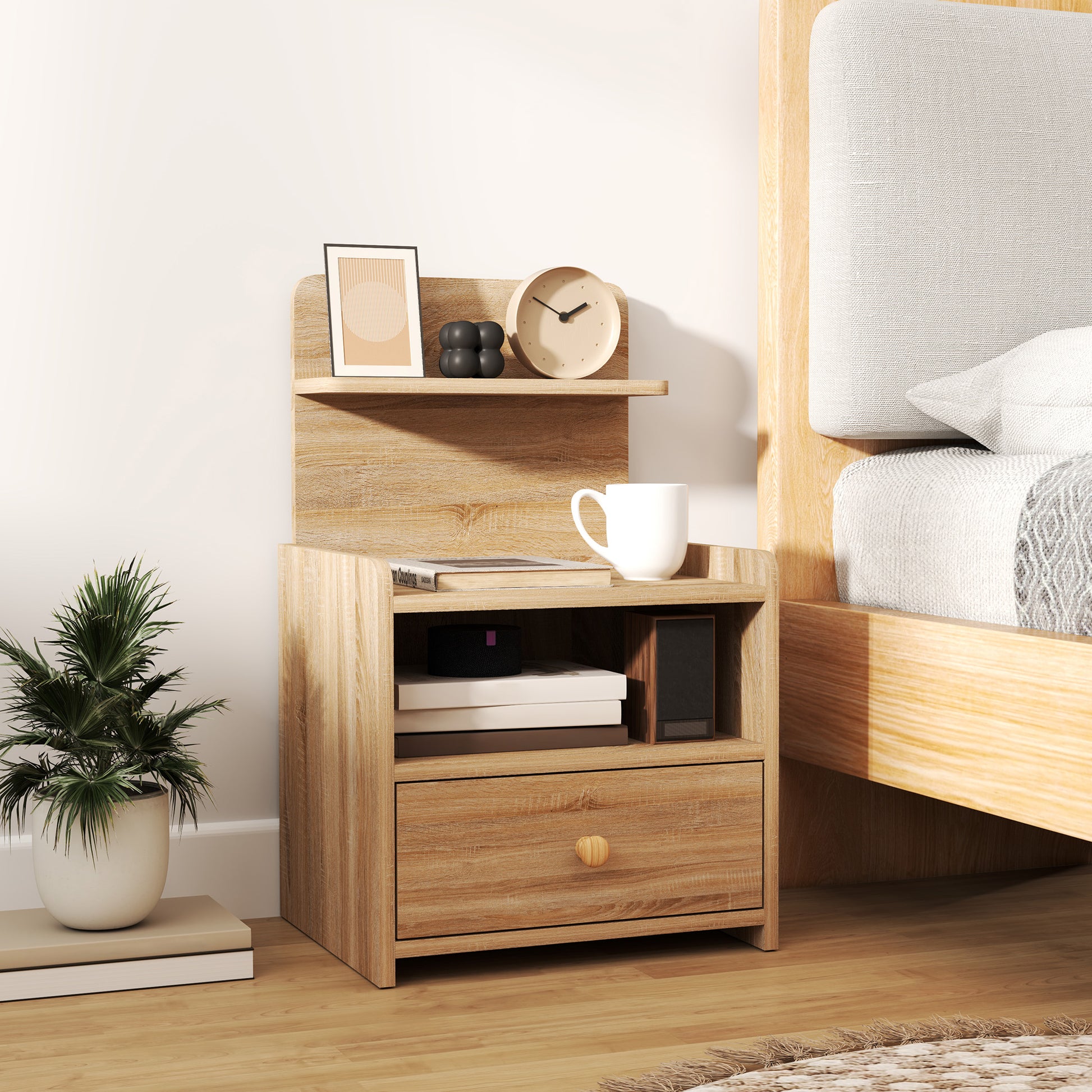 Nightstand with Drawer, Side Table, Bedside Cabinet with Open Shelf, Compartment, Nightstand for Bedroom, Living Room, 40 x 35 x 66 cm, Natural wood