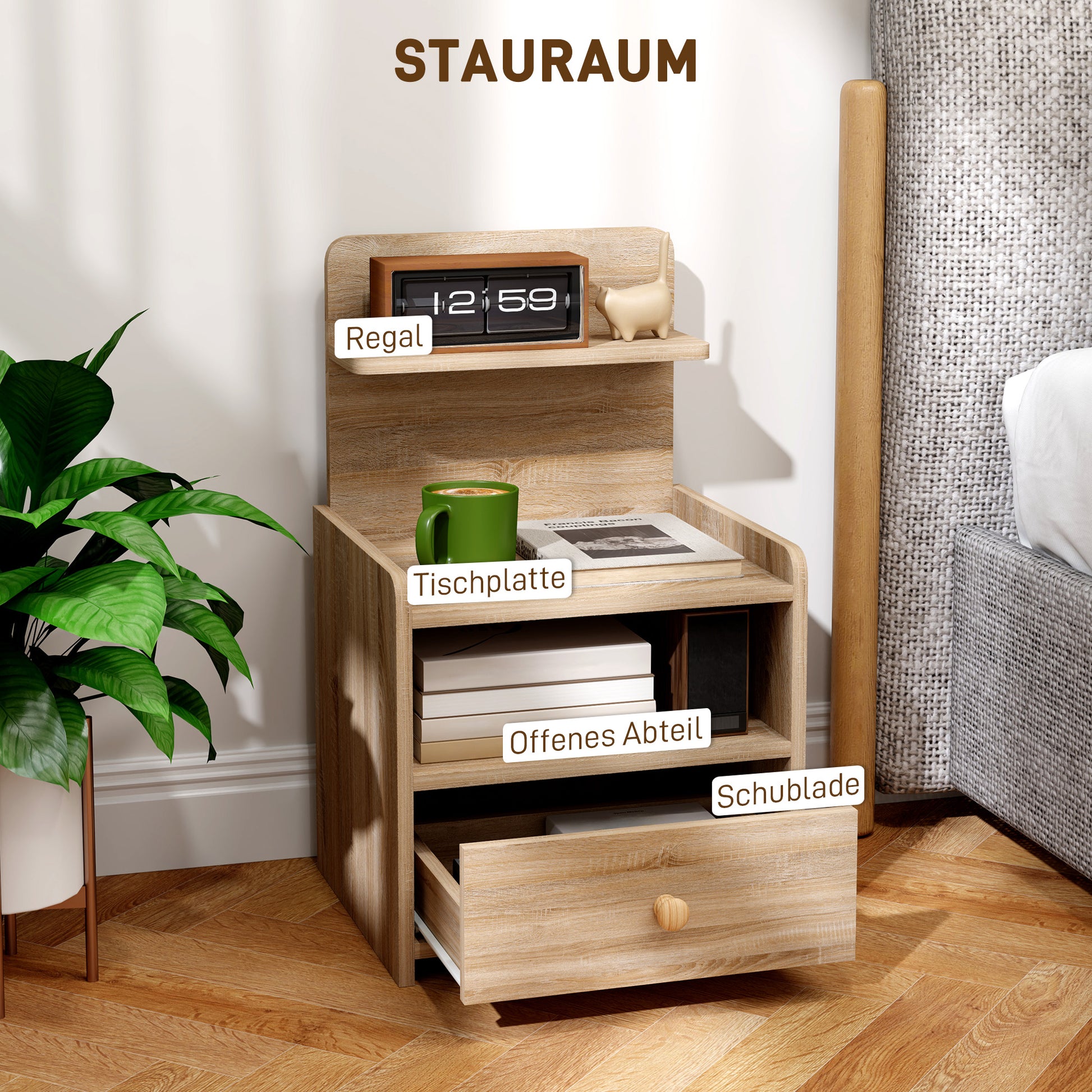 Nightstand with Drawer, Side Table, Bedside Cabinet with Open Shelf, Compartment, Nightstand for Bedroom, Living Room, 40 x 35 x 66 cm, Natural wood