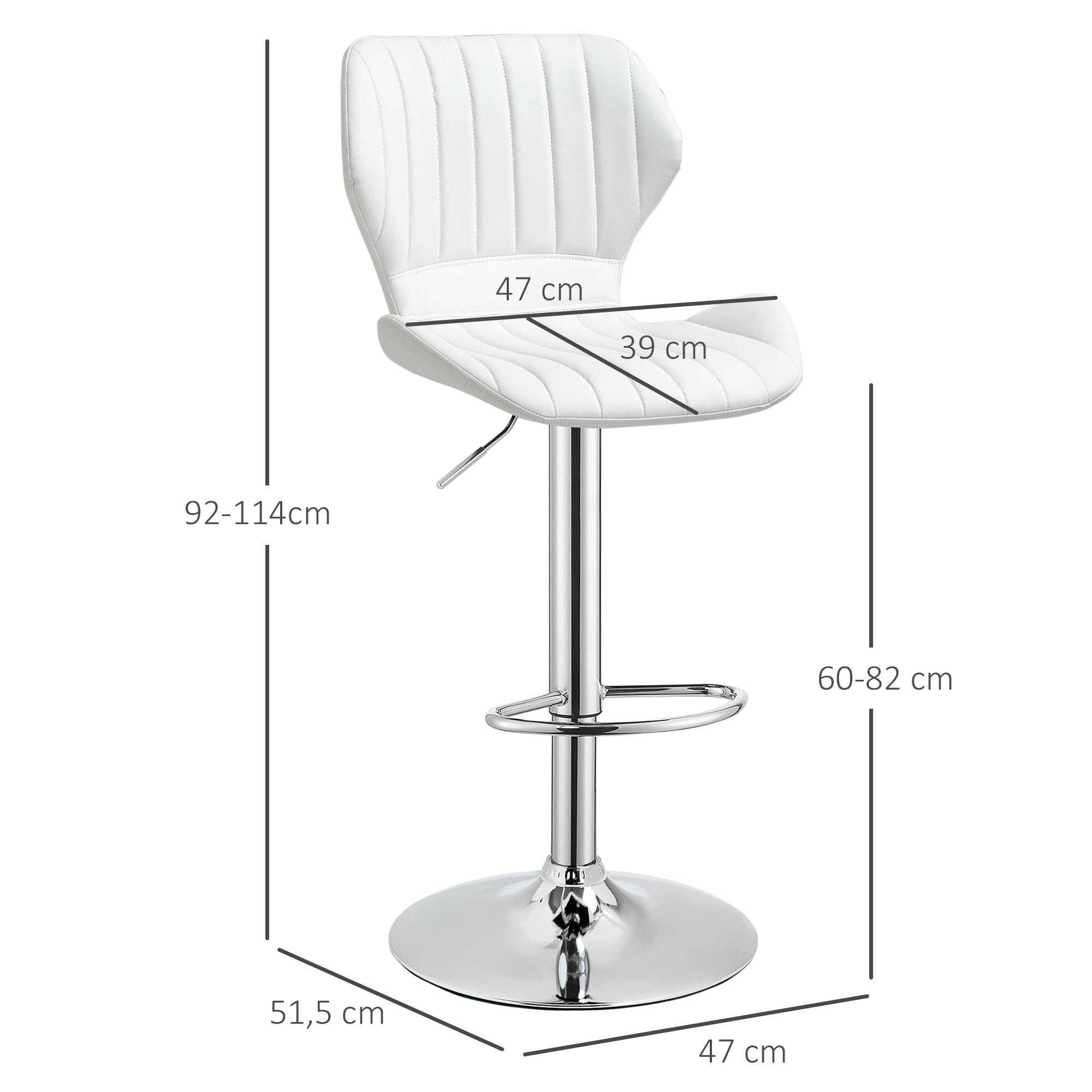 Set of 2 High Kitchen Bar Stools and Swivel Bar Stools with Backrest and Metal Frame 47x51.5x92-114 cm White