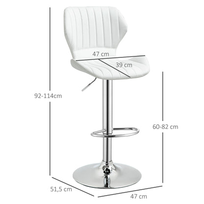 Set of 2 High Kitchen Bar Stools and Swivel Bar Stools with Backrest and Metal Frame 47x51.5x92-114 cm White