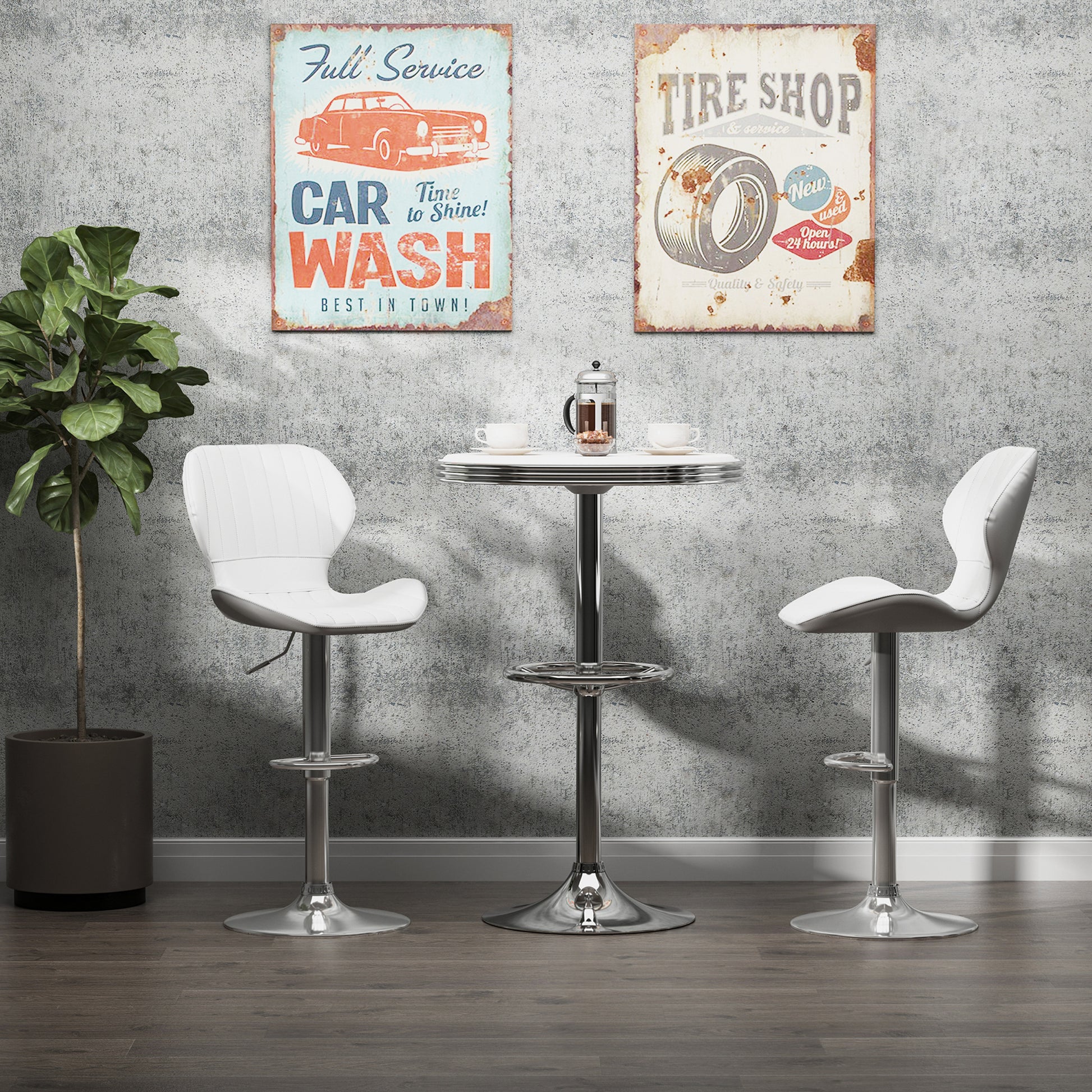 Set of 2 High Kitchen Bar Stools and Swivel Bar Stools with Backrest and Metal Frame 47x51.5x92-114 cm White