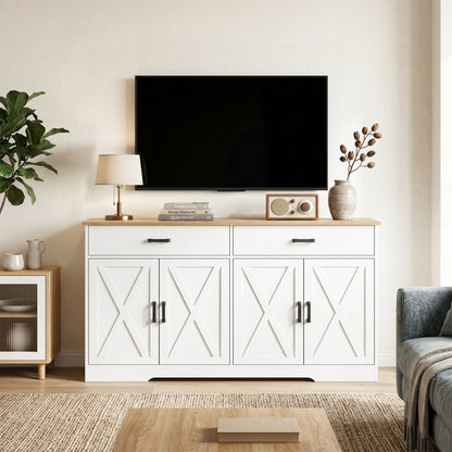 Sideboard Buffet Cabinet, 55.1 in Farmhouse Kitchen Cabinet with 2 Drawers & 2 Cabinets, Coffee Bar with Sliding/Barn-Style Doors and Adjustable Shelves, White