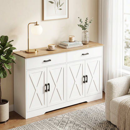 Sideboard Buffet Cabinet, 55.1 in Farmhouse Kitchen Cabinet with 2 Drawers & 2 Cabinets, Coffee Bar with Sliding/Barn-Style Doors and Adjustable Shelves, White