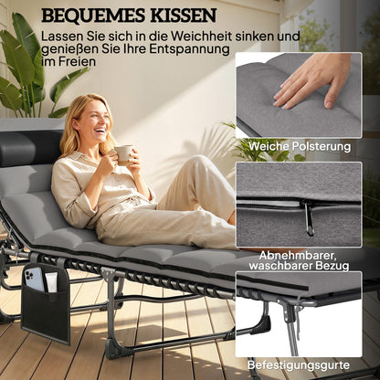 Folding Portable Sun Lounger – 5-Position Adjustable Backrest, Padded Mattress & Headrest, Side Pocket, Breathable Mesh Recliner for Garden, Patio & Pool