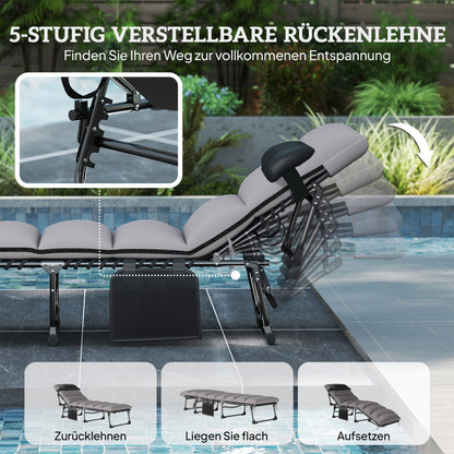 Folding Portable Sun Lounger – 5-Position Adjustable Backrest, Padded Mattress & Headrest, Side Pocket, Breathable Mesh Recliner for Garden, Patio & Pool