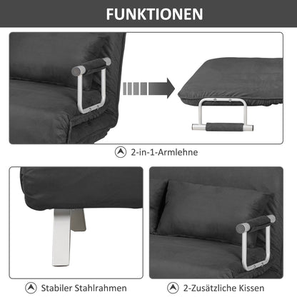 Sleeper Sofa with Adjustable Backrest, Throw Pillows, Sofa Bed, Velvet Look, Armrest, Guest Bed, Folding Chair for Living Room, Bedroom, Gray