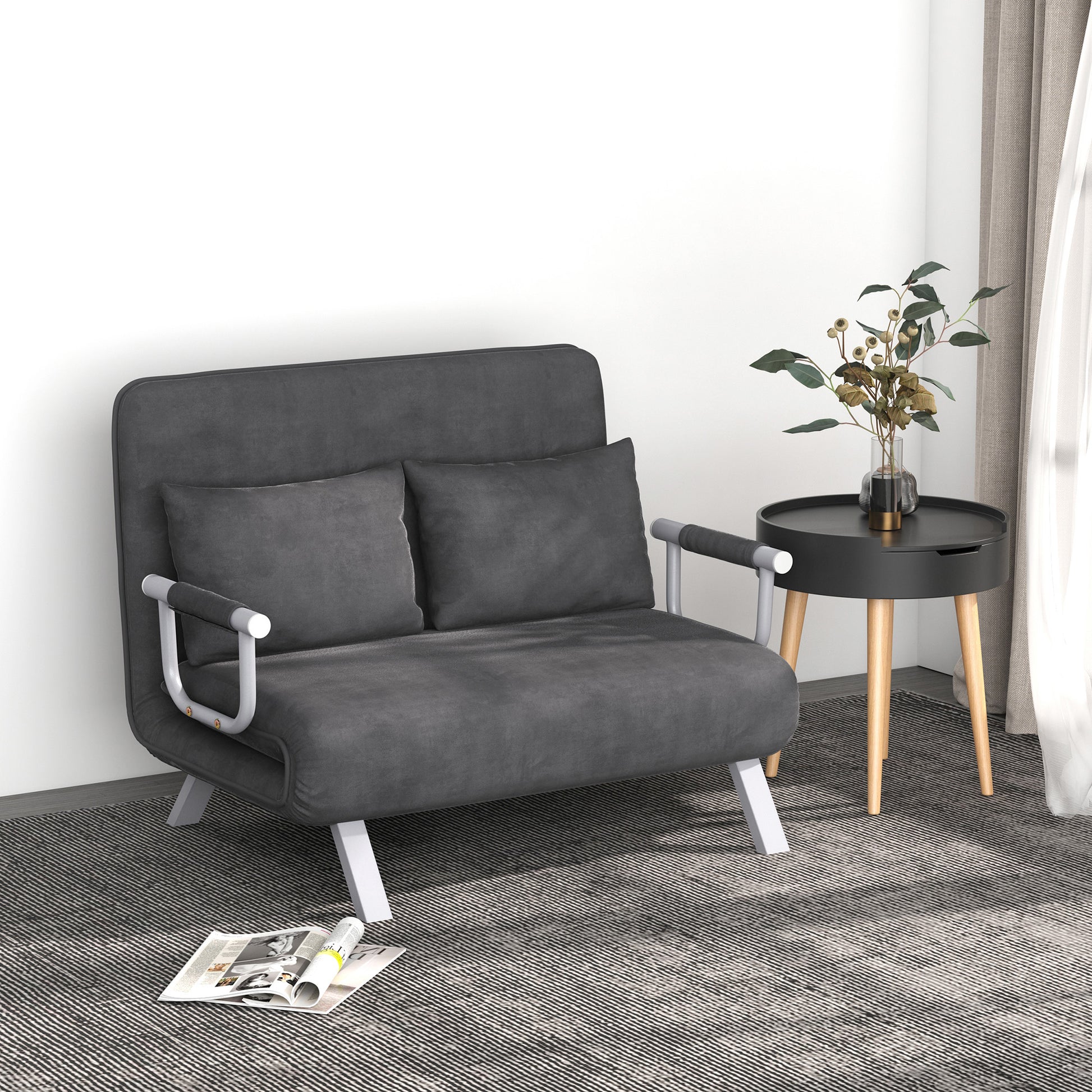 Sleeper Sofa with Adjustable Backrest, Throw Pillows, Sofa Bed, Velvet Look, Armrest, Guest Bed, Folding Chair for Living Room, Bedroom, Gray
