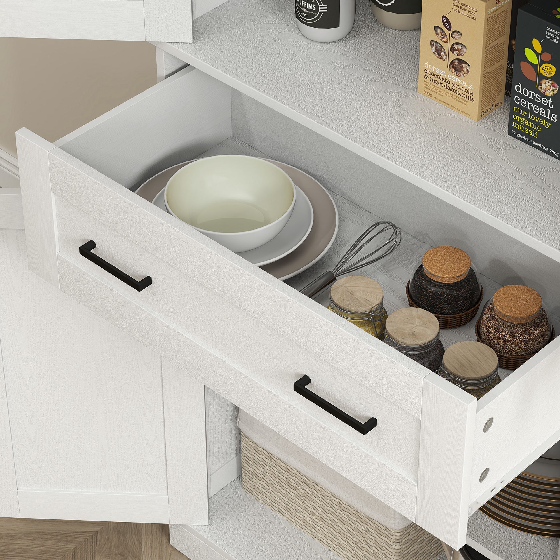 Kitchen Cabinet, Tall Cabinet with Drawer, Adjustable Shelves, Kitchen Buffet with Acrylic Doors, 2 Cabinet Compartments for Living Room, Dining Room, 76 x 40 x 182.5 cm, Cream white