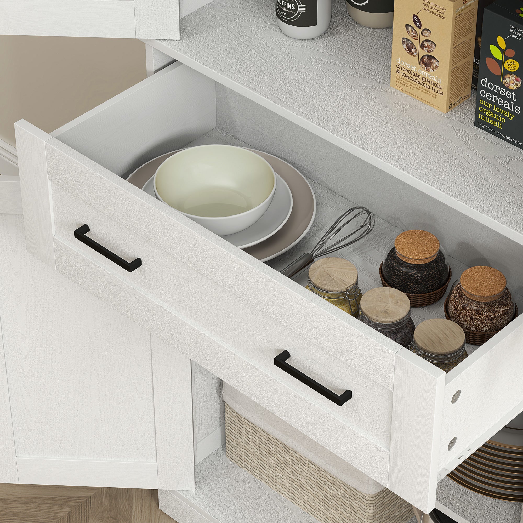 Kitchen Cabinet, Tall Cabinet with Drawer, Adjustable Shelves, Kitchen Buffet with Acrylic Doors, 2 Cabinet Compartments for Living Room, Dining Room, 76 x 40 x 182.5 cm, Cream white