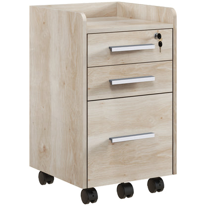 Beige Wood Office Cabinet on Wheels with 3 Drawers, 1 Lockable, 1 File Sorter