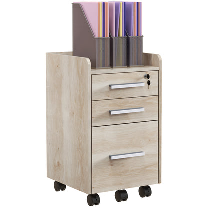 Beige Wood Office Cabinet on Wheels with 3 Drawers, 1 Lockable, 1 File Sorter