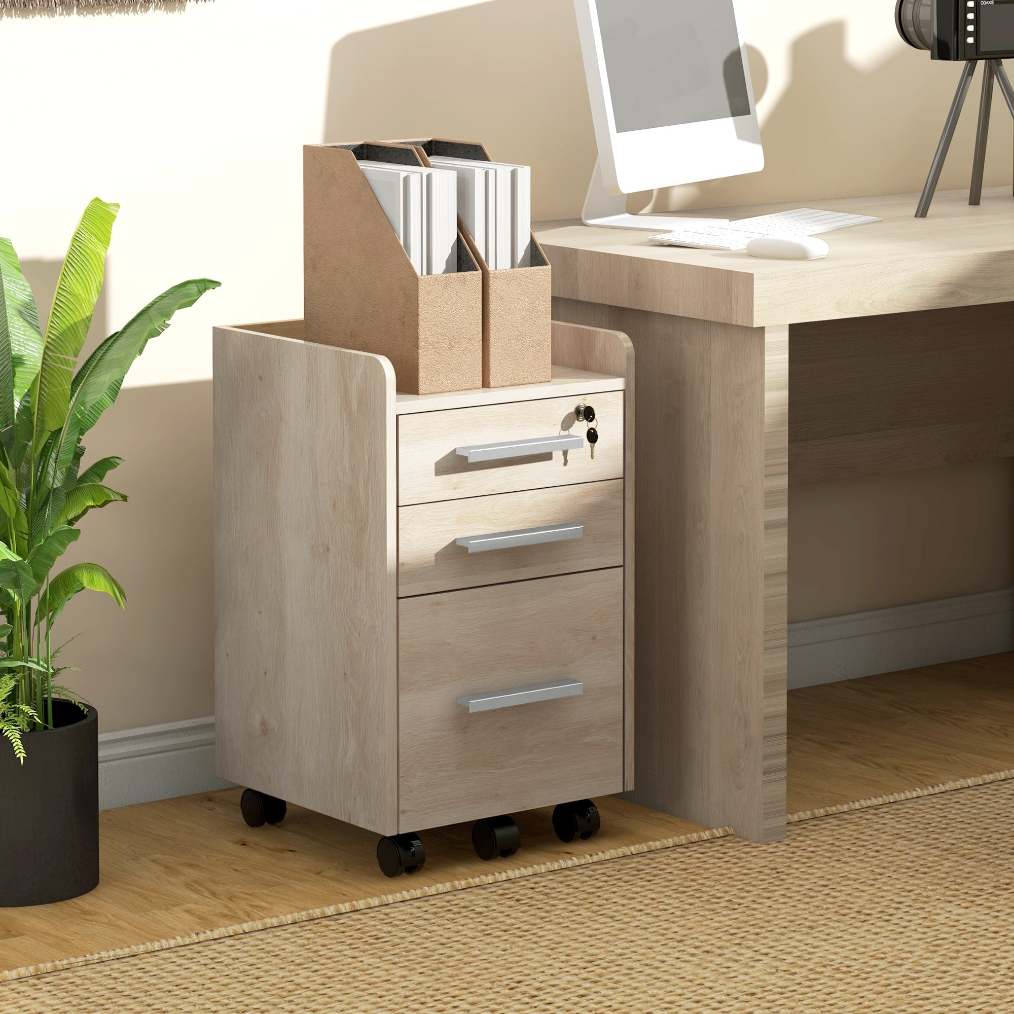 Beige Wood Office Cabinet on Wheels with 3 Drawers, 1 Lockable, 1 File Sorter
