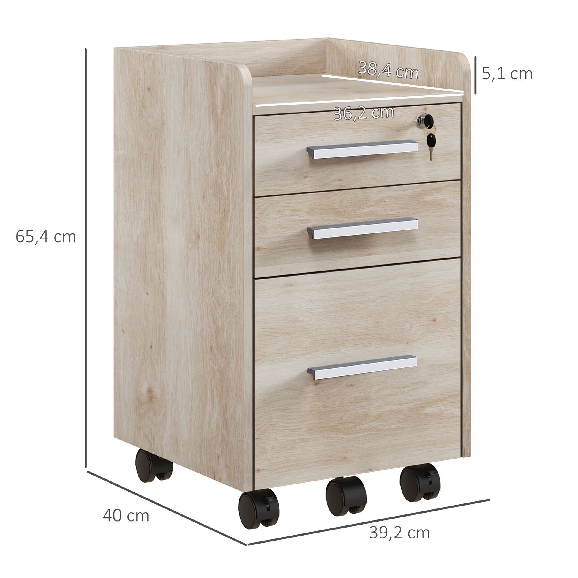 Beige Wood Office Cabinet on Wheels with 3 Drawers, 1 Lockable, 1 File Sorter