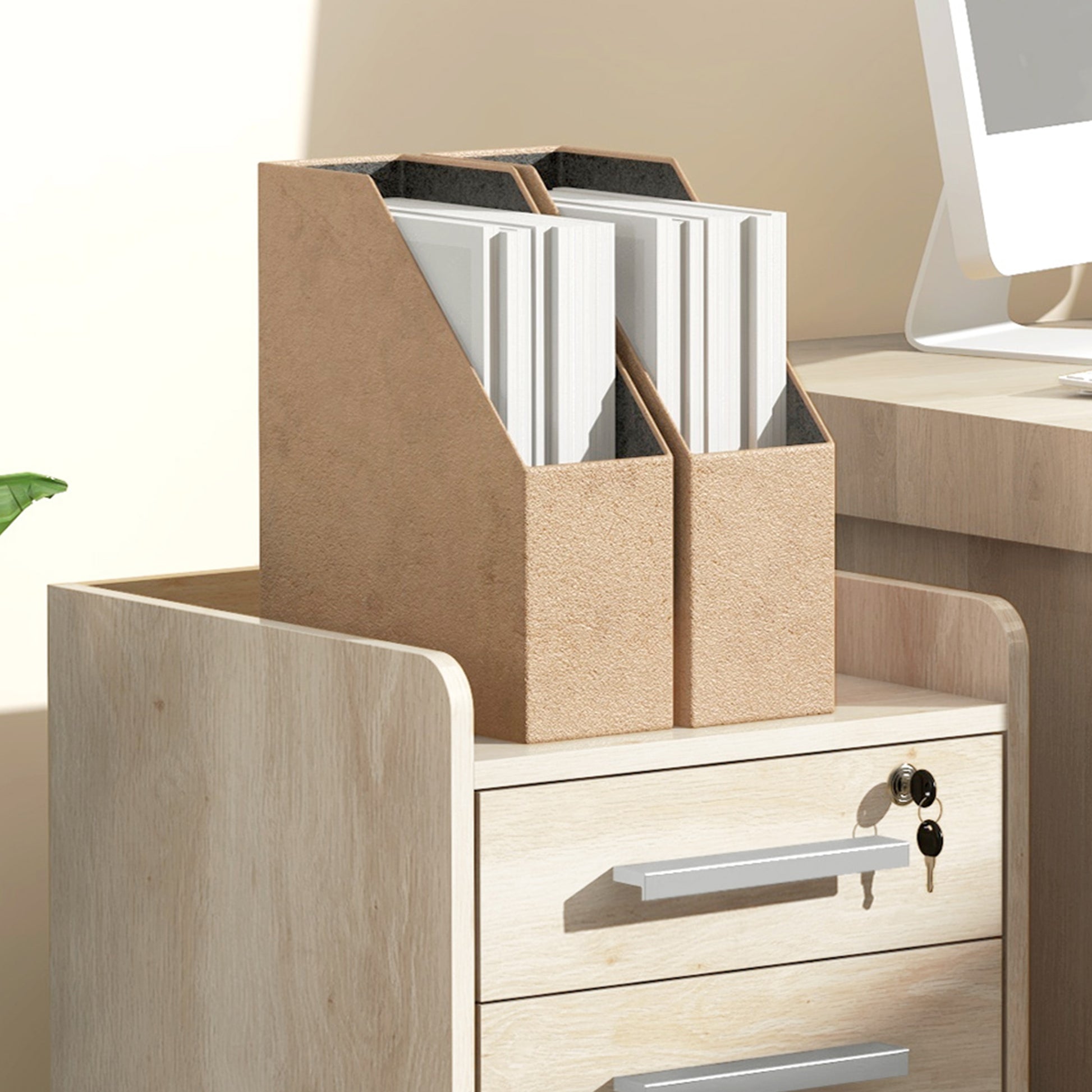 Beige Wood Office Cabinet on Wheels with 3 Drawers, 1 Lockable, 1 File Sorter