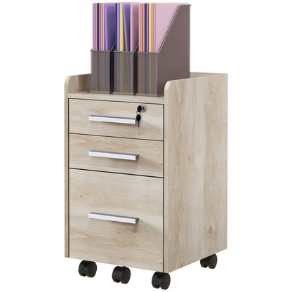 Beige Wood Office Cabinet on Wheels with 3 Drawers, 1 Lockable, 1 File Sorter