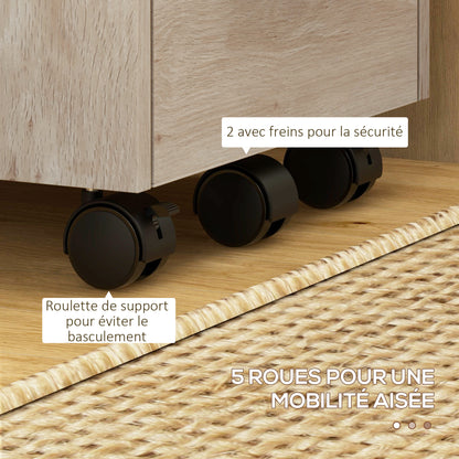 Beige Wood Office Cabinet on Wheels with 3 Drawers, 1 Lockable, 1 File Sorter