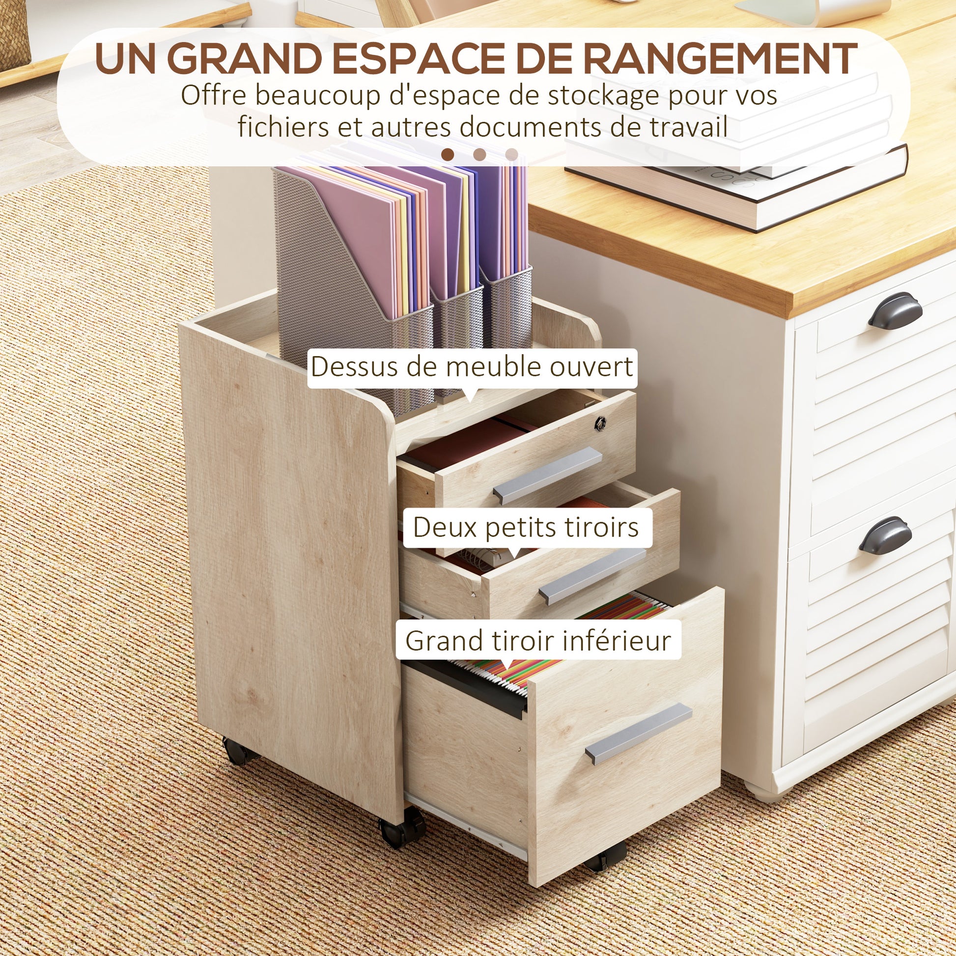 Beige Wood Office Cabinet on Wheels with 3 Drawers, 1 Lockable, 1 File Sorter