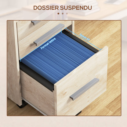 Beige Wood Office Cabinet on Wheels with 3 Drawers, 1 Lockable, 1 File Sorter