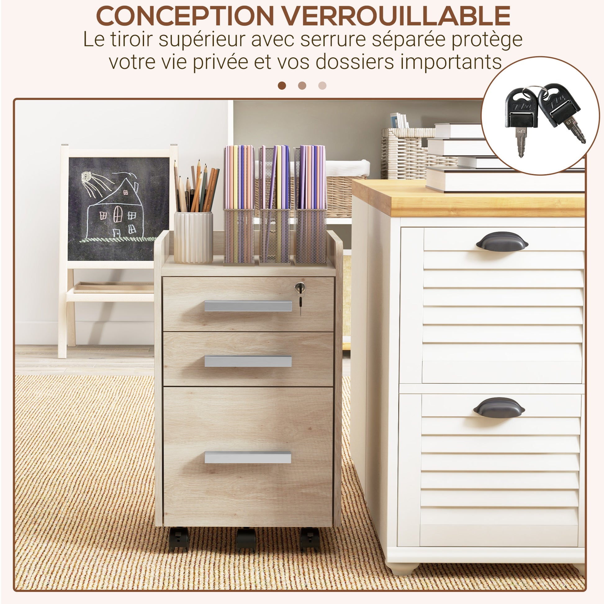 Beige Wood Office Cabinet on Wheels with 3 Drawers, 1 Lockable, 1 File Sorter