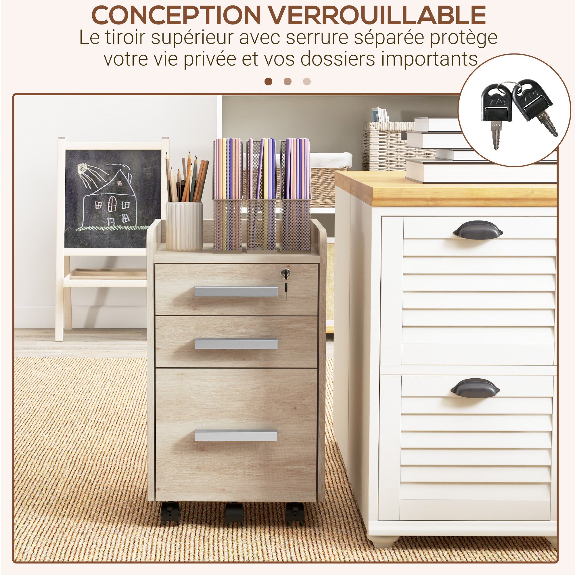 Beige Wood Office Cabinet on Wheels with 3 Drawers, 1 Lockable, 1 File Sorter