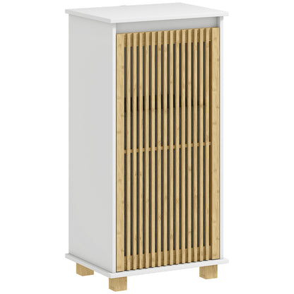 Bathroom Cabinet with Laundry Basket, Storage Cabinet with Bamboo Slatted Door and Removable Bag, Bathroom Cabinet, 40 x 30 x 80 cm, White and Natural Wood Effect