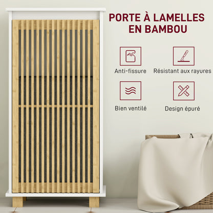 Bathroom Cabinet with Laundry Basket, Storage Cabinet with Bamboo Slatted Door and Removable Bag, Bathroom Cabinet, 40 x 30 x 80 cm, White and Natural Wood Effect