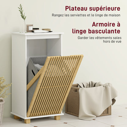 Bathroom Cabinet with Laundry Basket, Storage Cabinet with Bamboo Slatted Door and Removable Bag, Bathroom Cabinet, 40 x 30 x 80 cm, White and Natural Wood Effect