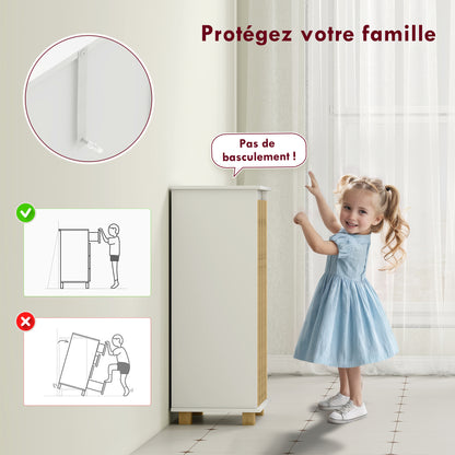 Bathroom Cabinet with Laundry Basket, Storage Cabinet with Bamboo Slatted Door and Removable Bag, Bathroom Cabinet, 40 x 30 x 80 cm, White and Natural Wood Effect