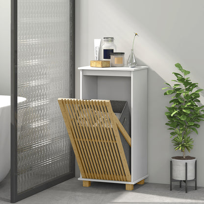 Bathroom Cabinet with Laundry Basket, Storage Cabinet with Bamboo Slatted Door and Removable Bag, Bathroom Cabinet, 40 x 30 x 80 cm, White and Natural Wood Effect