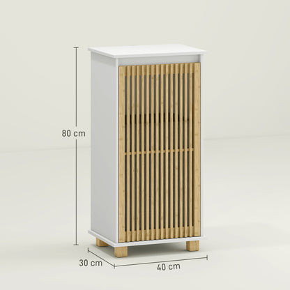Bathroom Cabinet with Laundry Basket, Storage Cabinet with Bamboo Slatted Door and Removable Bag, Bathroom Cabinet, 40 x 30 x 80 cm, White and Natural Wood Effect