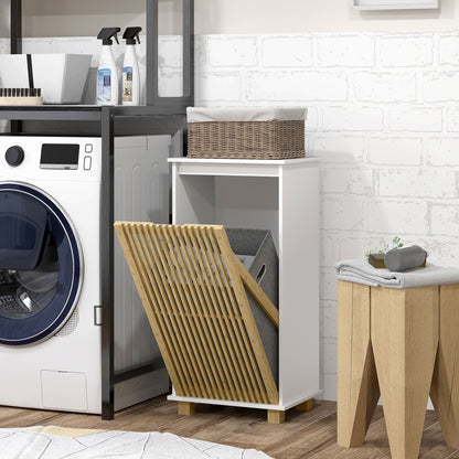 Bathroom Cabinet with Laundry Basket, Storage Cabinet with Bamboo Slatted Door and Removable Bag, Bathroom Cabinet, 40 x 30 x 80 cm, White and Natural Wood Effect