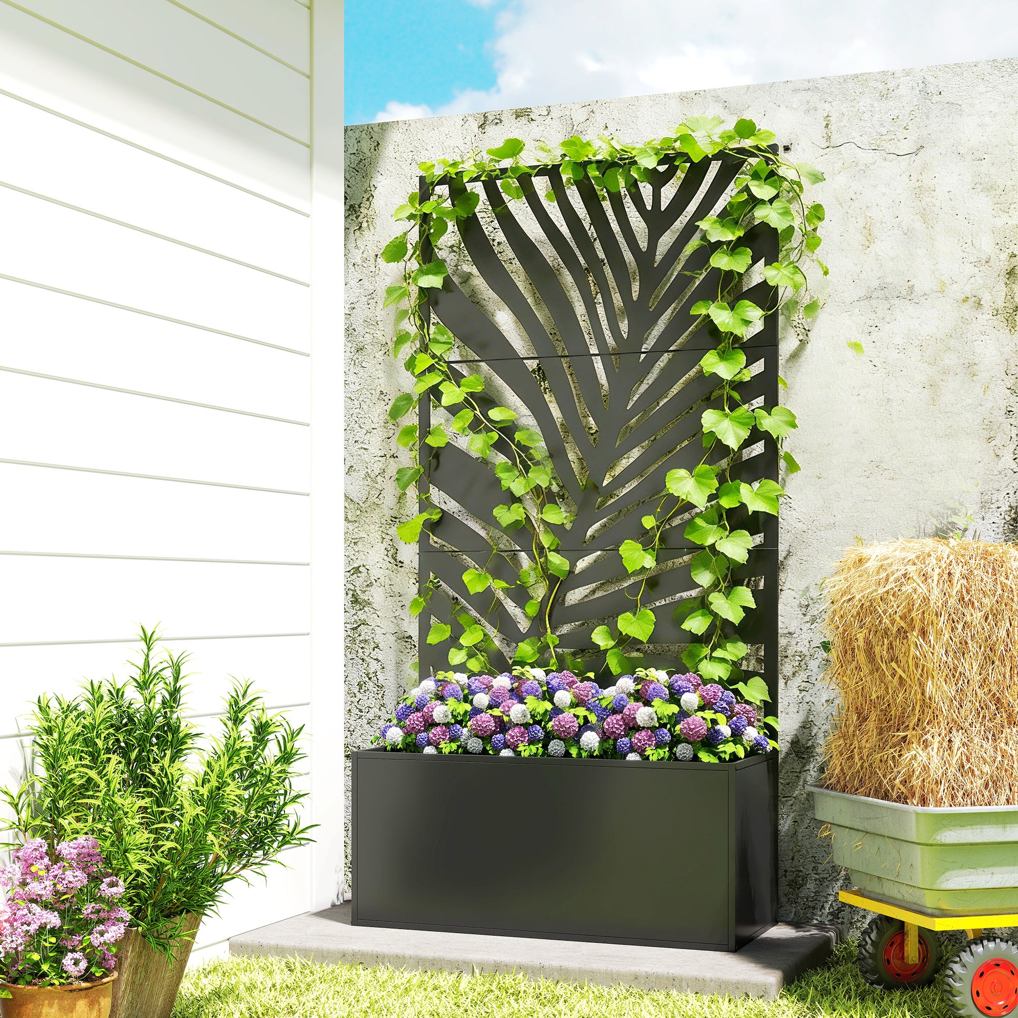 Planter with Trellis — Raised Flower Bed with Privacy Screen for Climbing Plants, Vegetables & Flowers, Metal, Indoor/Outdoor, Garden/Patio/Balcony, 35.4 x 15.7 x 70.9 in (90 x 40 x 180 cm), Black
