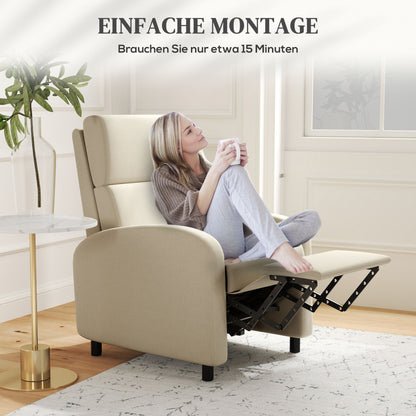 Reclining Armchair TV Chair with Reclining Function Upholstered Chair with Adjustable Backrest, Relaxation Chair with Linen Look, Footrest for Living Room Bedroom, Cream White