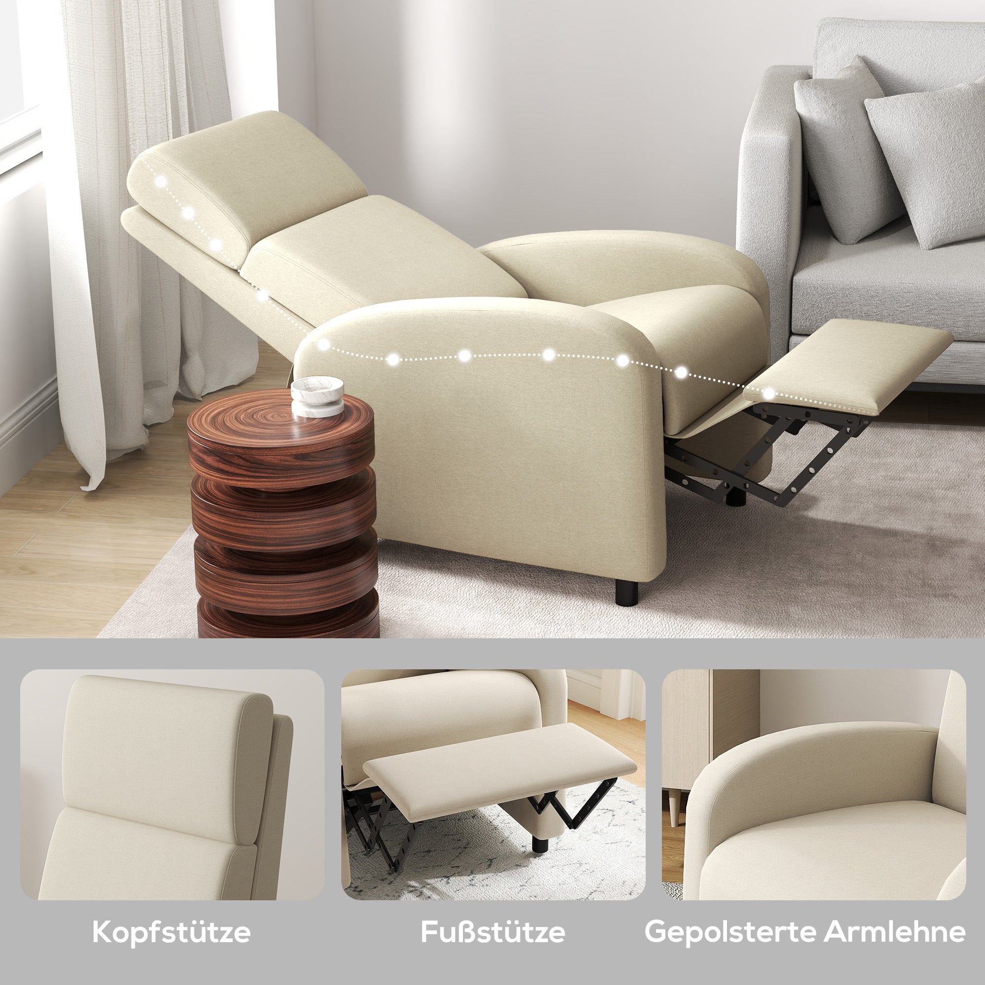 Reclining Armchair TV Chair with Reclining Function Upholstered Chair with Adjustable Backrest, Relaxation Chair with Linen Look, Footrest for Living Room Bedroom, Cream White