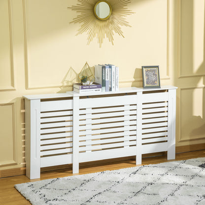 Adjustable Width Radiator Cover with Top Shelf in MDF and Wood, 140-202x19x82.5cm, White