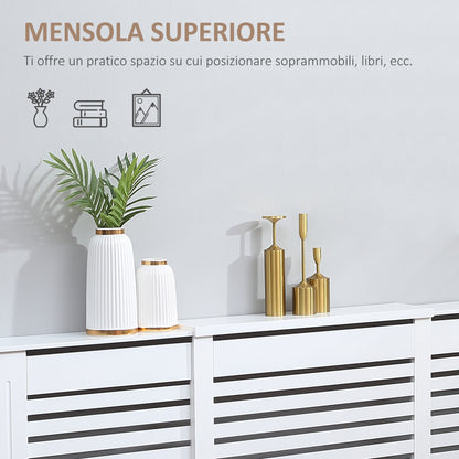 Adjustable Width Radiator Cover with Top Shelf in MDF and Wood, 140-202x19x82.5cm, White