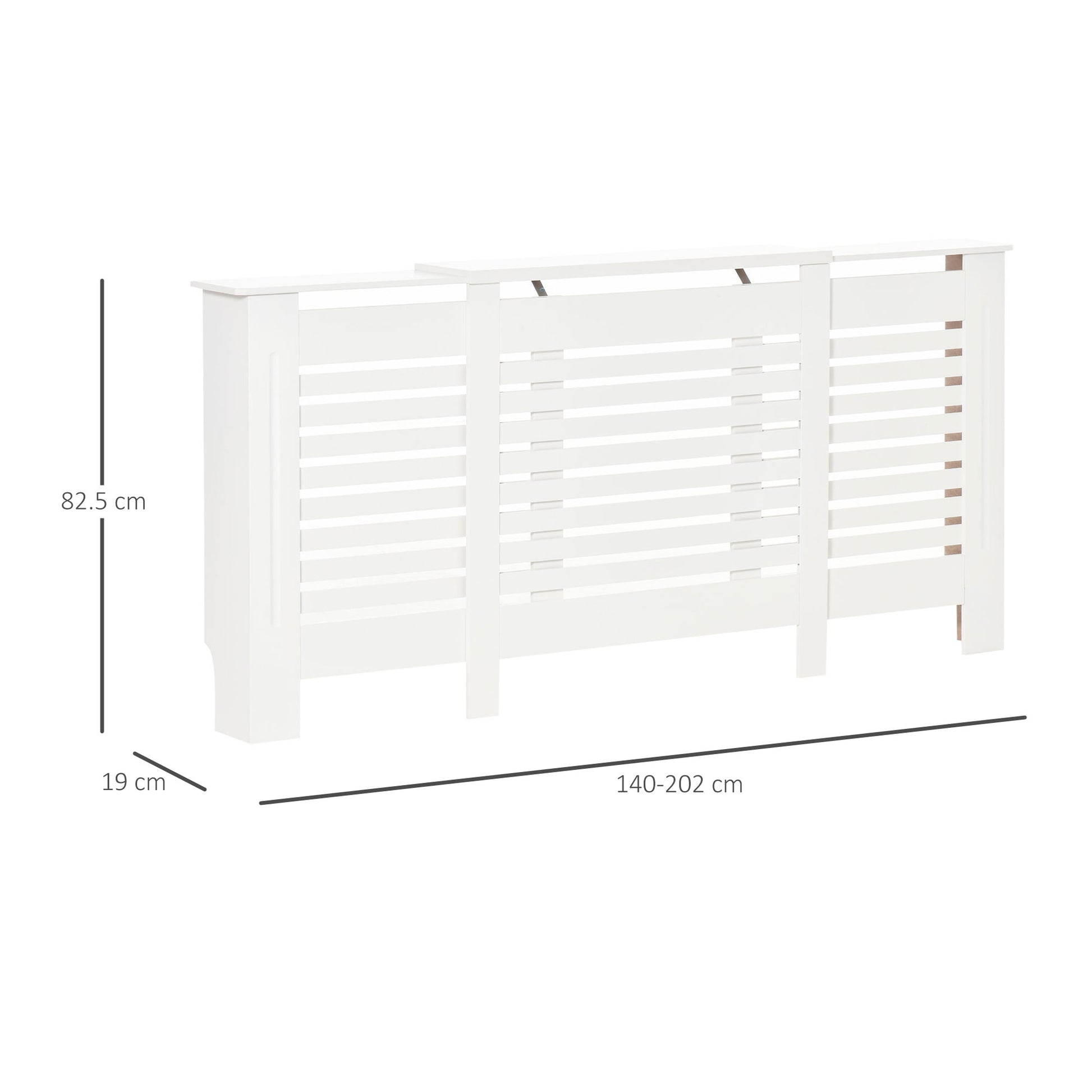 Adjustable Width Radiator Cover with Top Shelf in MDF and Wood, 140-202x19x82.5cm, White