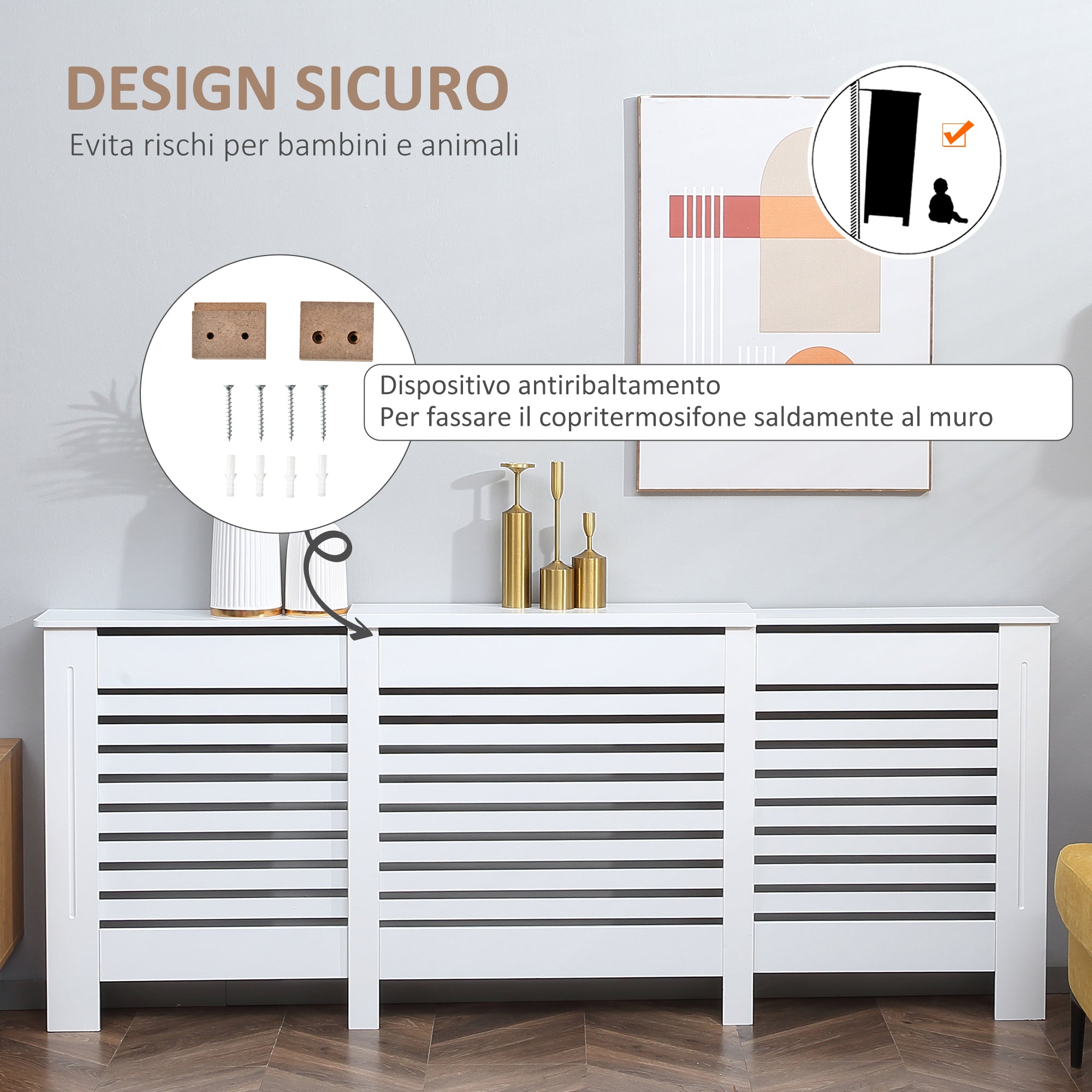 Adjustable Width Radiator Cover with Top Shelf in MDF and Wood, 140-202x19x82.5cm, White