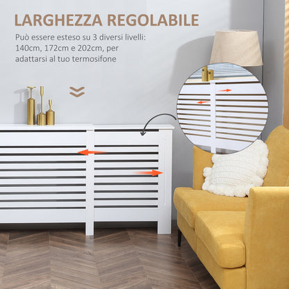 Adjustable Width Radiator Cover with Top Shelf in MDF and Wood, 140-202x19x82.5cm, White