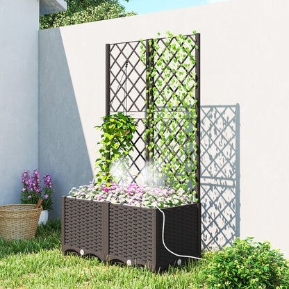 Set of 2 Trellises with Planter Box — Drainage Hole & Water Timer Irrigation System, 31.5 x 15.7 x 53.5 in Raised Planter with Trellis for Garden & Balcony, Brown