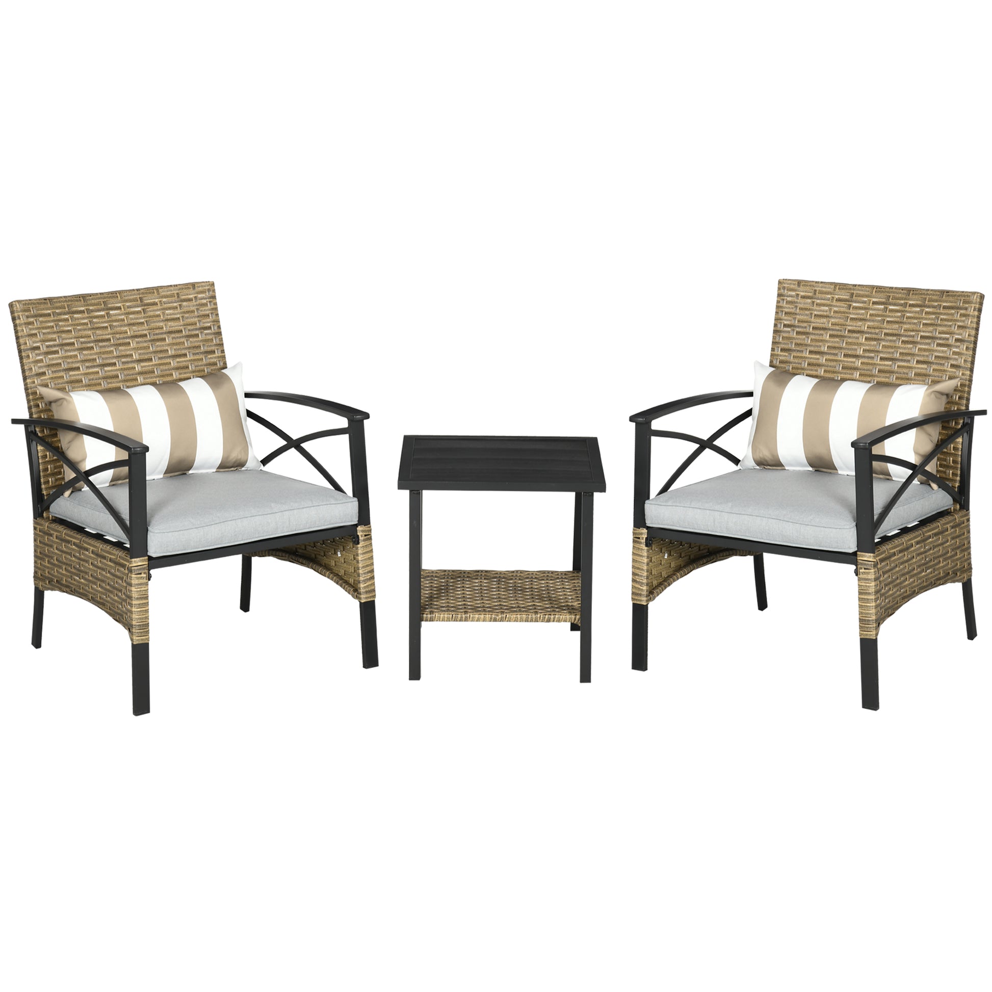 3-Piece Garden Furniture Set with 2 Chairs and Rattan Table with 2 Padded Cushions and Steel Frame for Terrace Balcony Outdoor Khaki