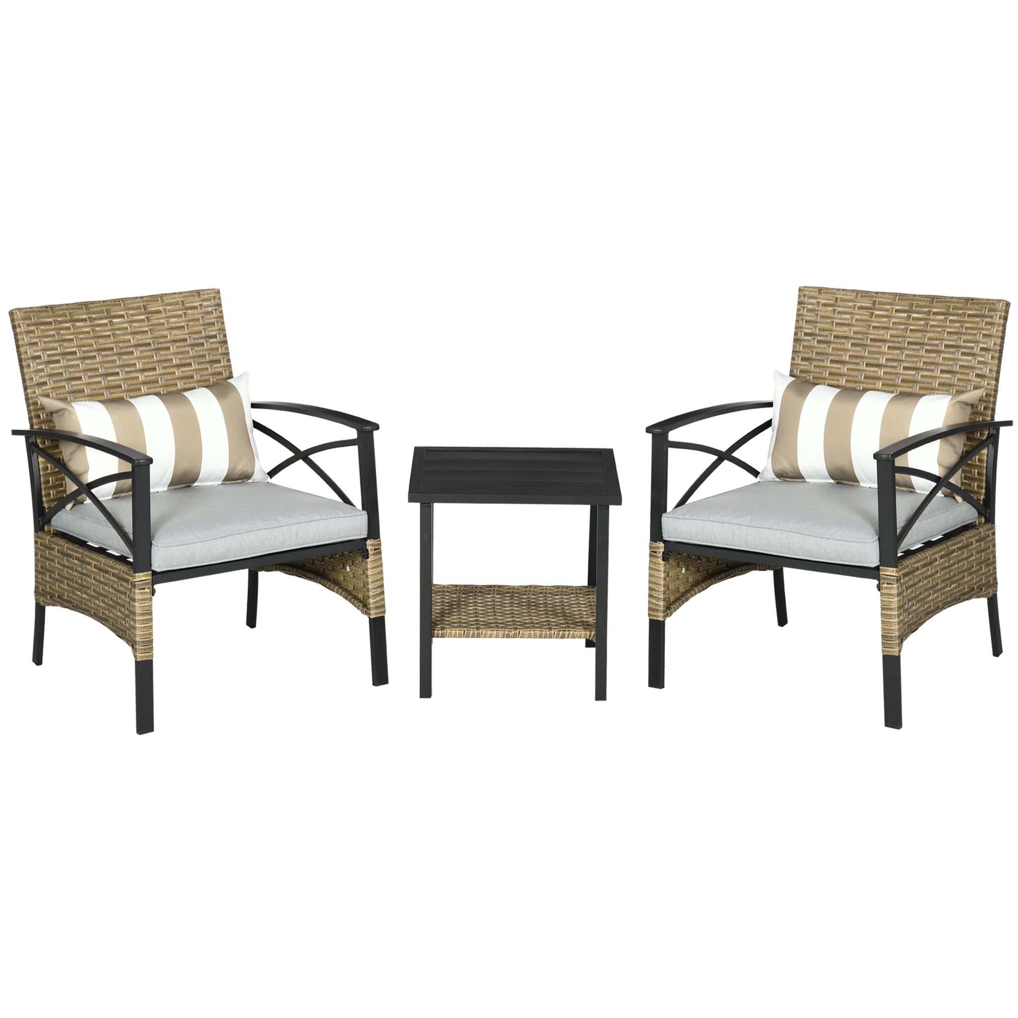 3-Piece Garden Furniture Set with 2 Chairs and Rattan Table with 2 Padded Cushions and Steel Frame for Terrace Balcony Outdoor Khaki