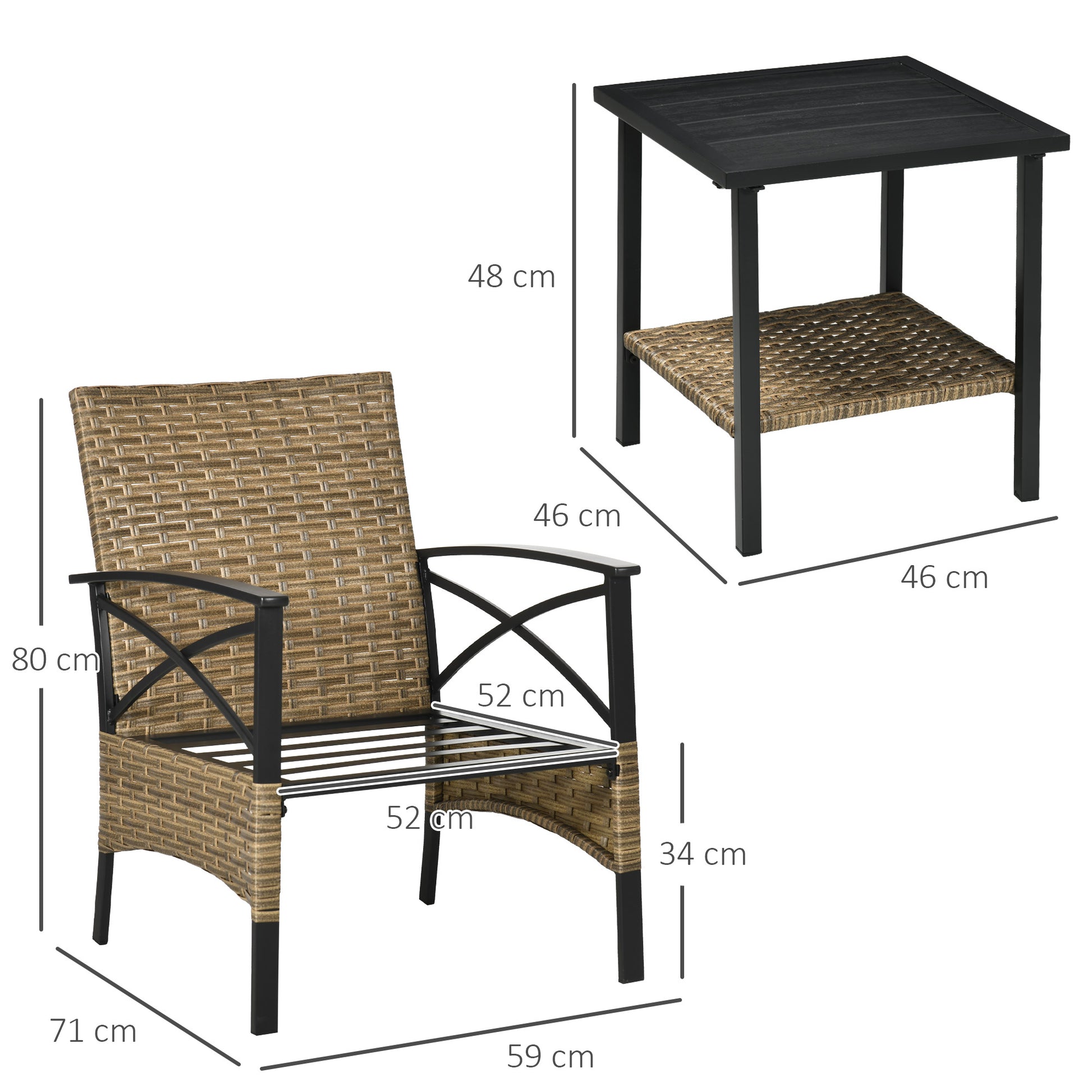 3-Piece Garden Furniture Set with 2 Chairs and Rattan Table with 2 Padded Cushions and Steel Frame for Terrace Balcony Outdoor Khaki