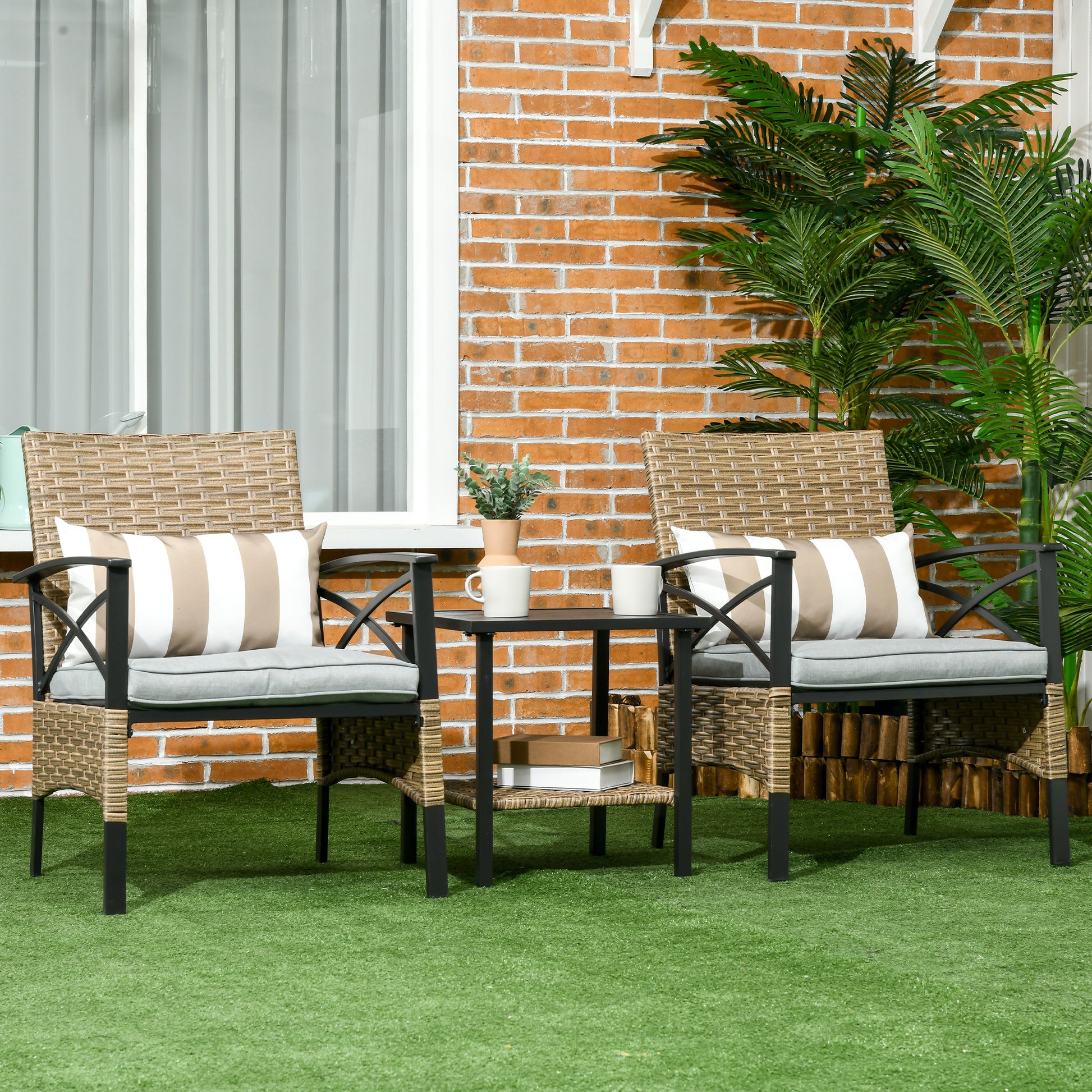 3-Piece Garden Furniture Set with 2 Chairs and Rattan Table with 2 Padded Cushions and Steel Frame for Terrace Balcony Outdoor Khaki