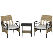 3-Piece Garden Furniture Set with 2 Chairs and Rattan Table with 2 Padded Cushions and Steel Frame for Terrace Balcony Outdoor Khaki