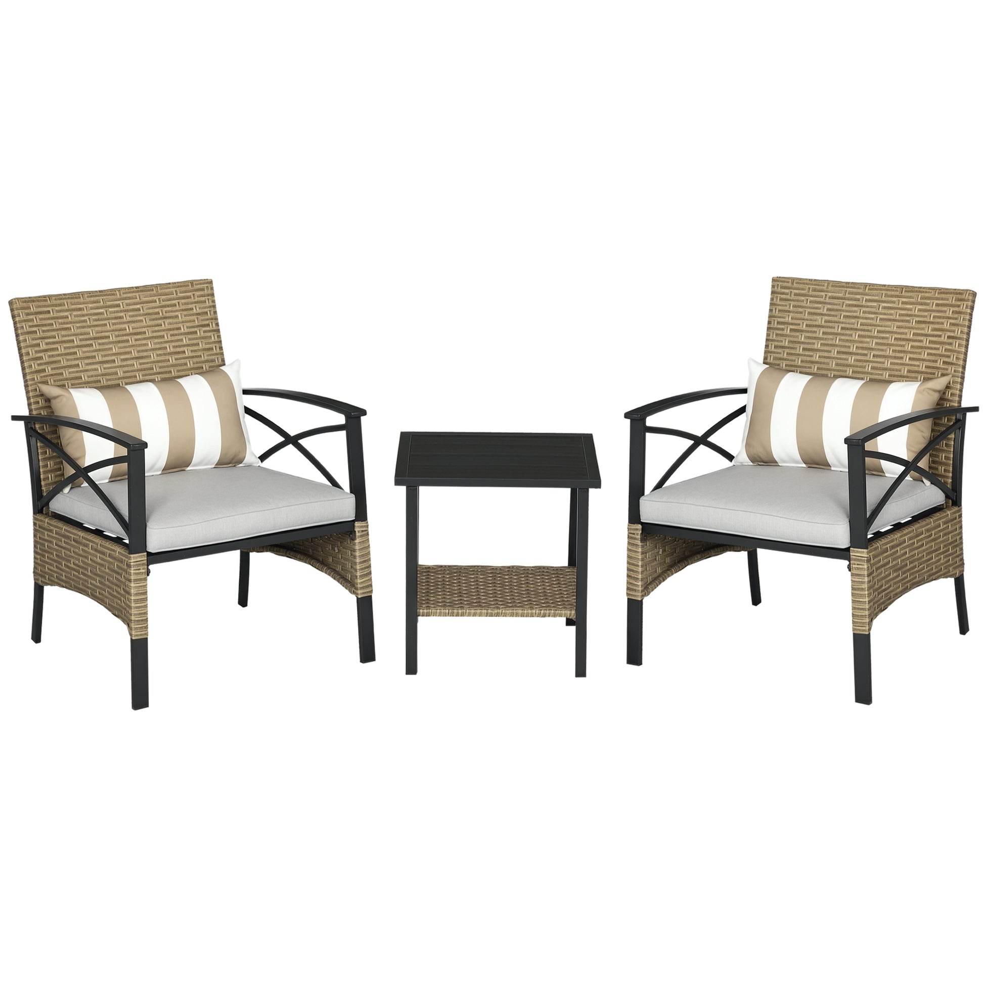 3-Piece Garden Furniture Set with 2 Chairs and Rattan Table with 2 Padded Cushions and Steel Frame for Terrace Balcony Outdoor Khaki