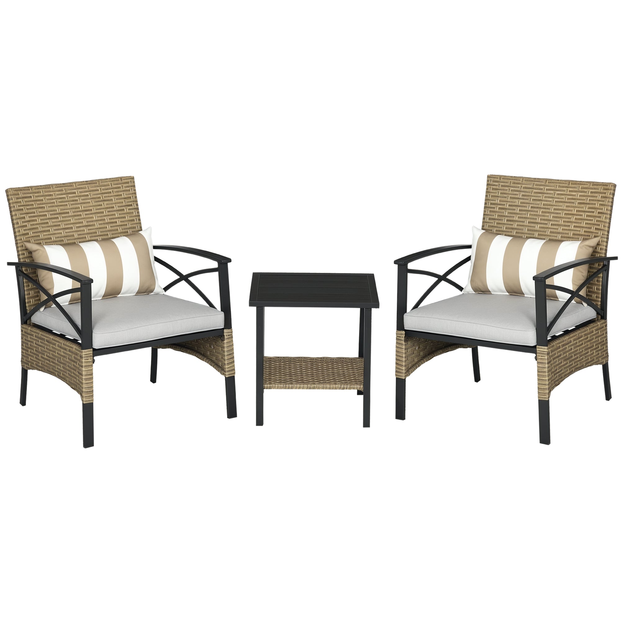 3-Piece Garden Furniture Set with 2 Chairs and Rattan Table with 2 Padded Cushions and Steel Frame for Terrace Balcony Outdoor Khaki