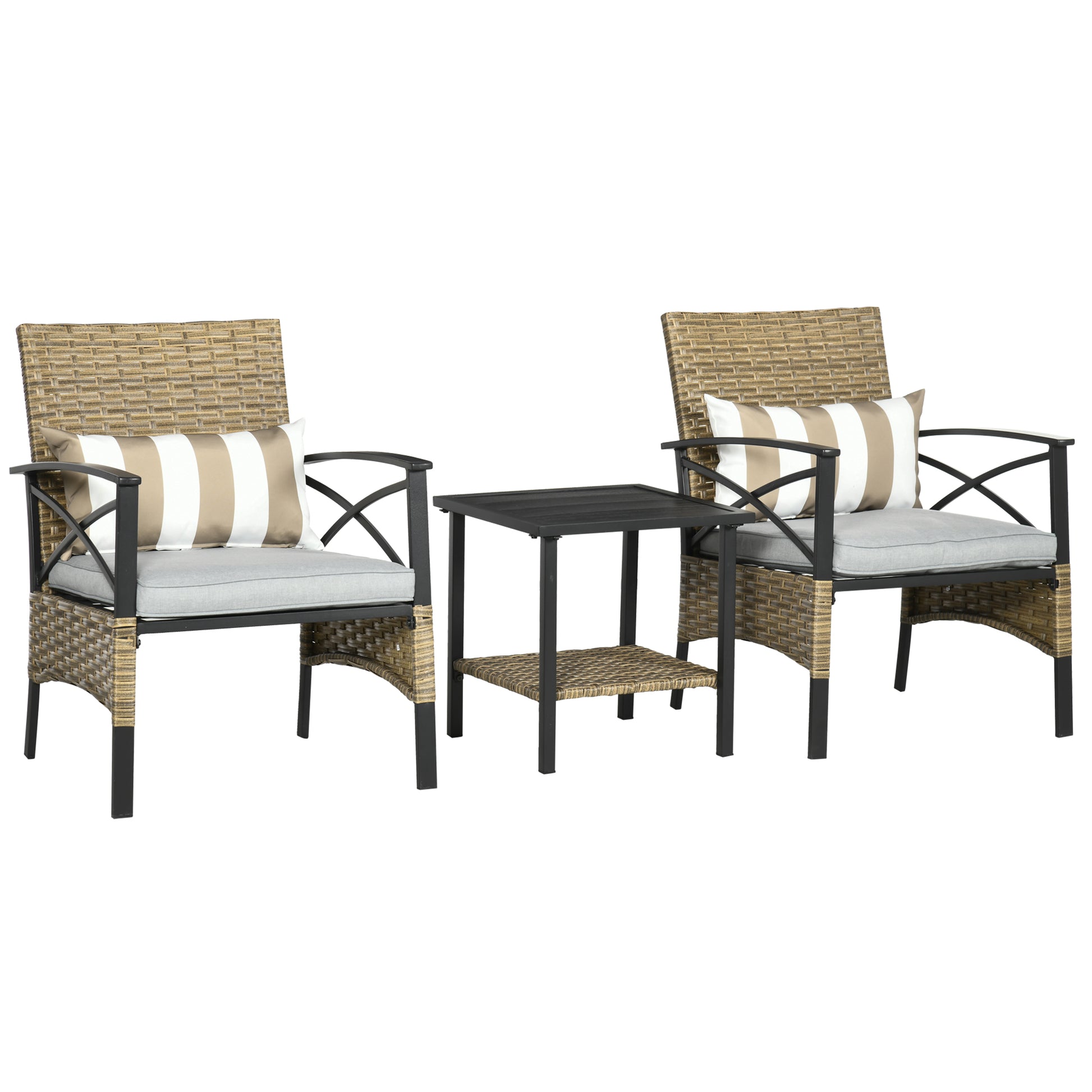 3-Piece Garden Furniture Set with 2 Chairs and Rattan Table with 2 Padded Cushions and Steel Frame for Terrace Balcony Outdoor Khaki